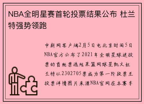 NBA全明星赛首轮投票结果公布 杜兰特强势领跑