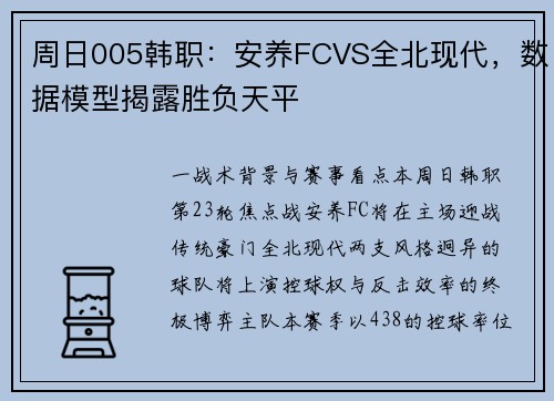 周日005韩职：安养FCVS全北现代，数据模型揭露胜负天平